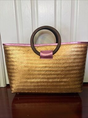 Frances Valentine Large Straw Shoppers Tote with Pink Metallic Trim